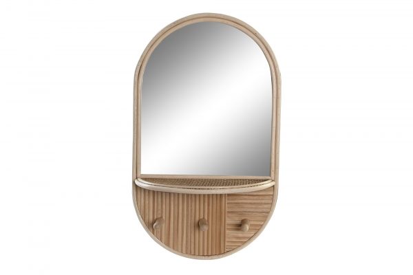 Espejo de ratán de estilo natural con tres puntas de perchero para colgar todo aquello que necesites