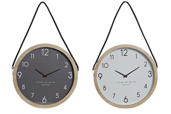 Reloj de pared recubierto de madera en blanco o gris con una cuerda negra