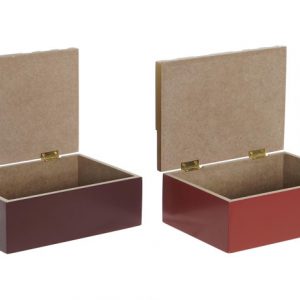 Caja de madera estilo boho en dos colores lila y rojo