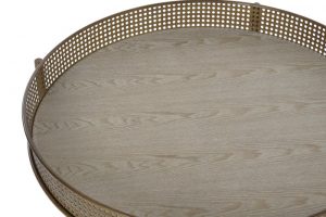 ¡Echa un vistazo a esta hermosa mesa de centro redonda! Esta mesa de centro está fabricada con una hermosa madera natural y detalles en metal
